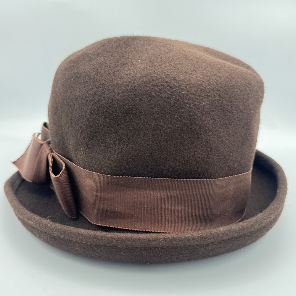 Vintage 1950s Neumann‑Endler Fair Field Felts Brown Wool Cloche Hat Bow 23‎